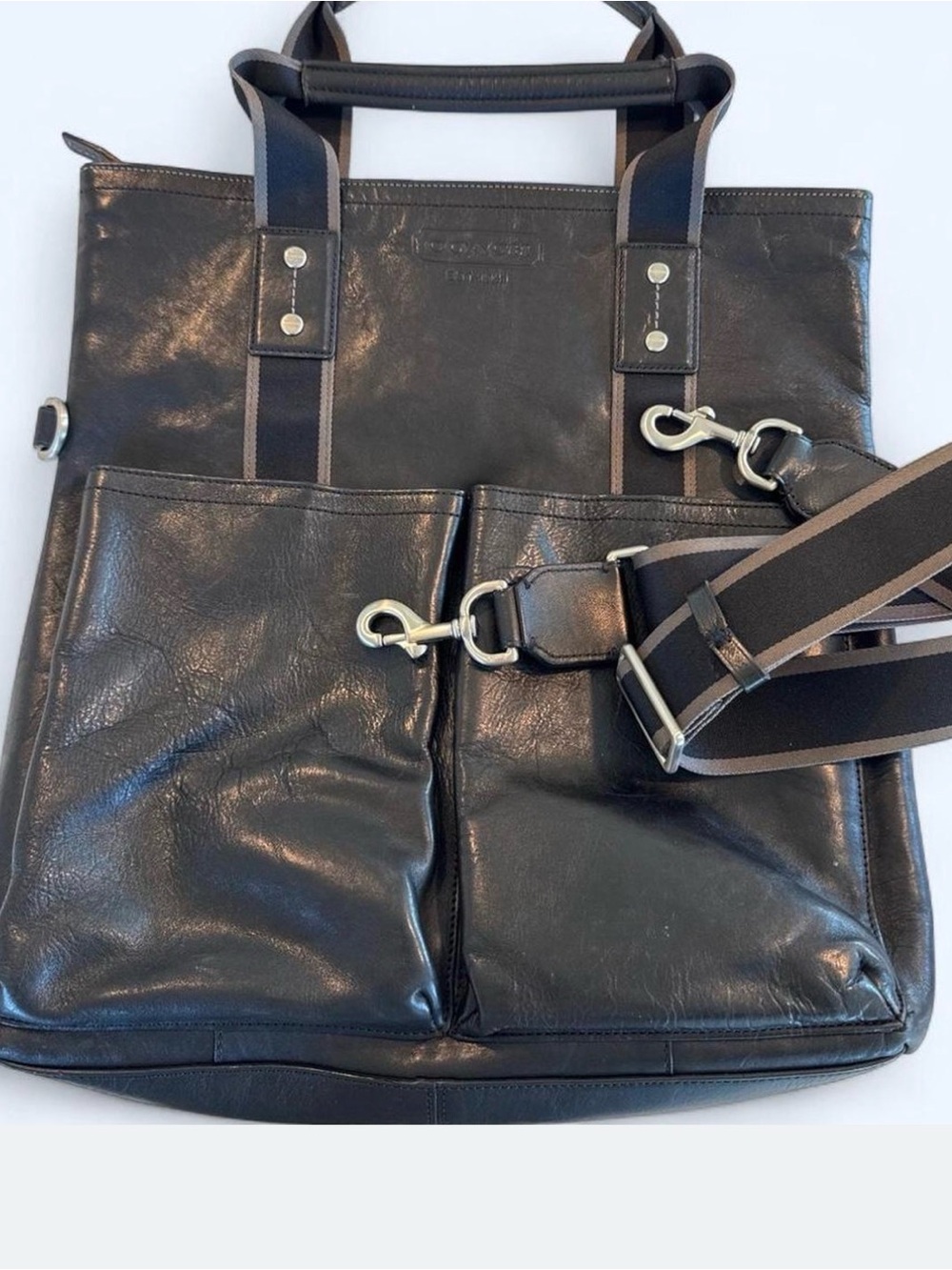 COACH Heritage Web Leather Foldover Two-Way Tote Bag